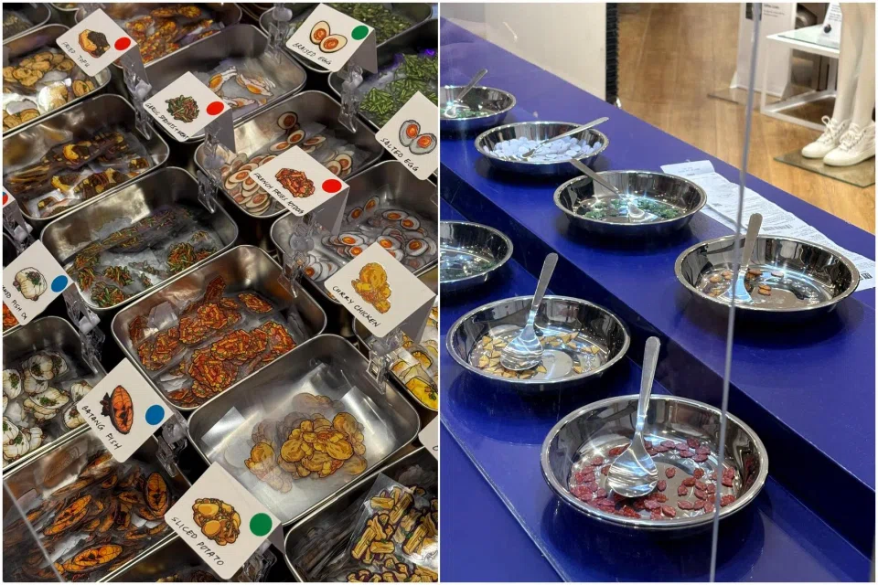 PointyRice’s pop-up stall in April (left) and Uniqlo Singapore’s Mixed Rice Keychain cai fan stall concept at Ion Orchard.