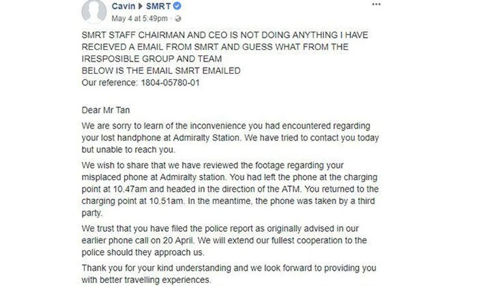 Man blames SMRT for lost phone after leaving it unattended at charging point