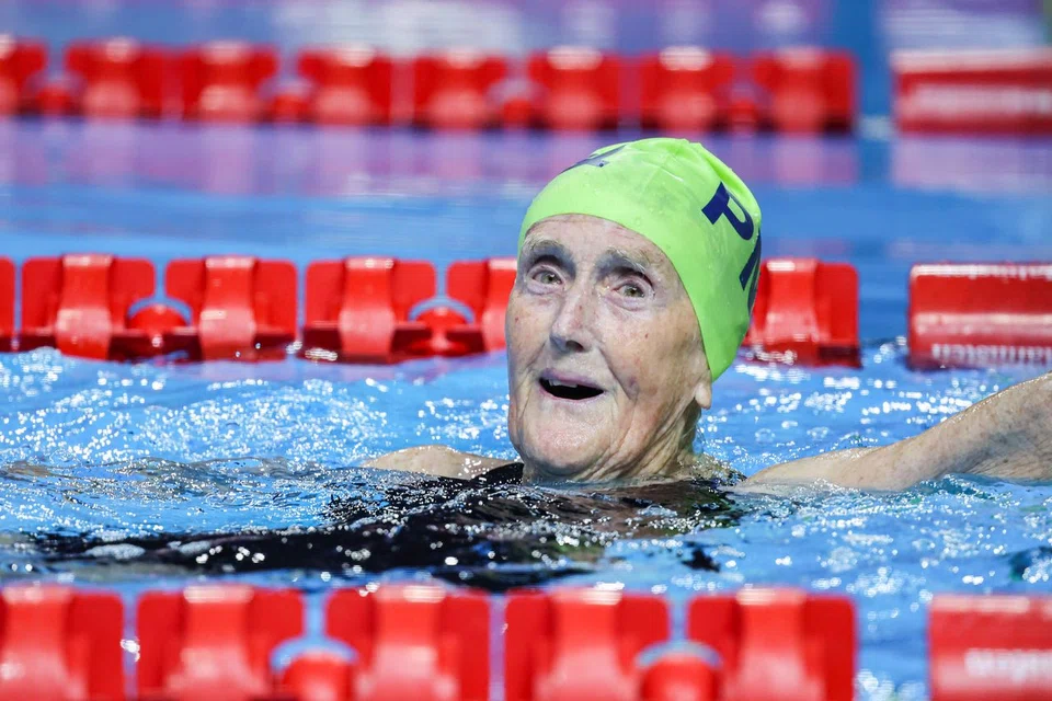 Australian swimmer Margaret Jopling smiling after completing the 800m freestyle heats at the World Aquatics Masters Championships on Aug 7.