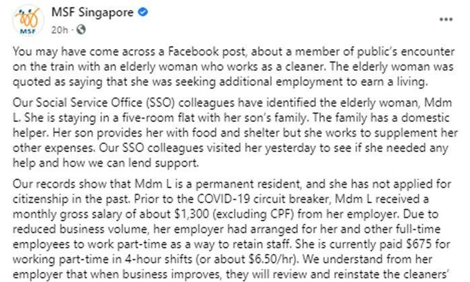 Viral post on elderly lady seeking employment at Sentosa: She lives in 5-room flat with son's family and helper, says MSF