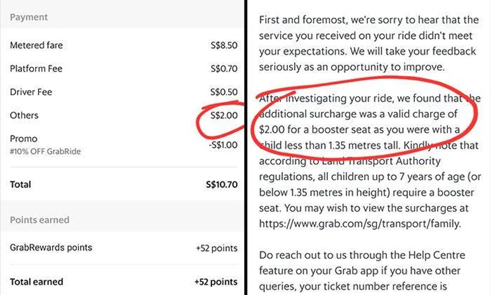 Grab passenger charged extra $2 for child booster seat -- but says he was travelling alone