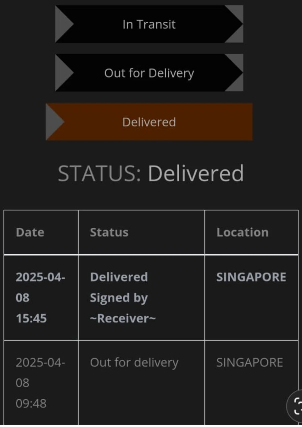 The website claimed that the parcel was delivered and signed by the receiver.