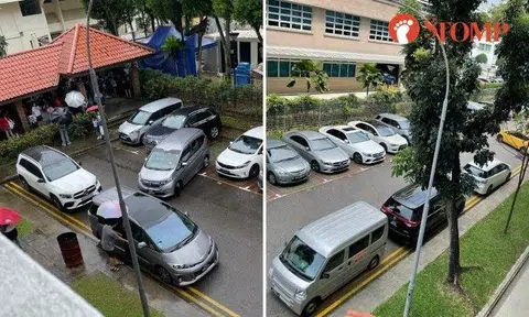 The photos show vehicles parked illegally along the double yellow lines in the narrow open air carpark next to the school.