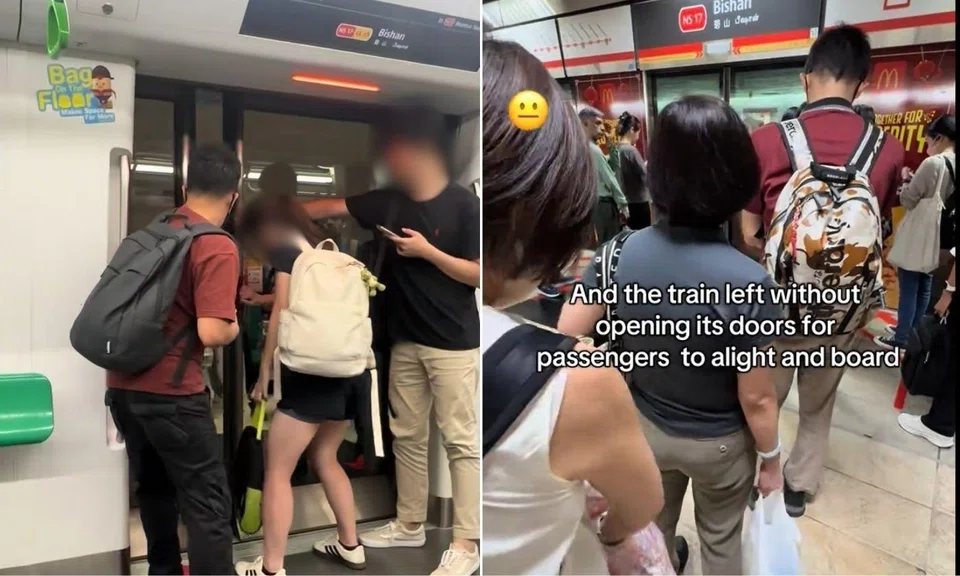 Left half shows 3 passengers pushing open the platform screen door at Bishan MRT. Right half shows a packed train platform at Bishan MRT. 