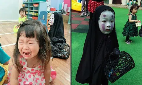 Kid wins Halloween (and scares all her friends) with this no-face costume from Spirited Away