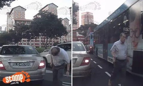Mercedes' driver jams brake abruptly -- then scolds Stomper for almost hitting his car at Bishan
