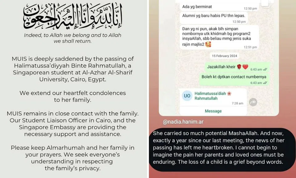 20-year-old Singaporean student Halimatussa'diyyah Rahmatullah dies in Egypt