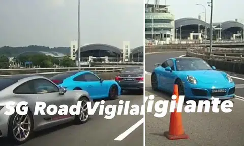 Convoy of 4 Porsche cars cut queue at Tuas Second Link -- only to be seen turning back later