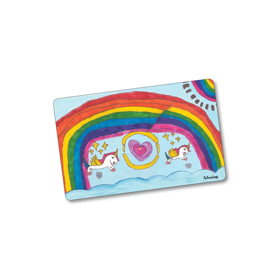 A Rainbow Unicorn ez-link card showcases artwork created by a six-year-old beneficiary of the Children's Cancer Foundation.