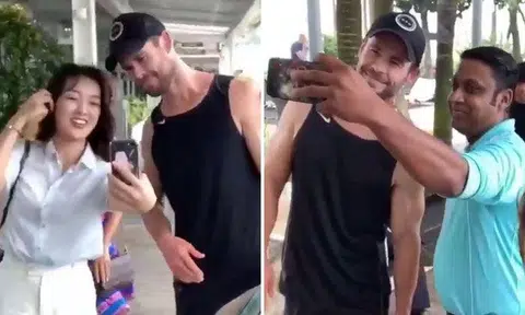 Chris Hemsworth sportingly stops to take selfies with fans at MBS Infinity Pool