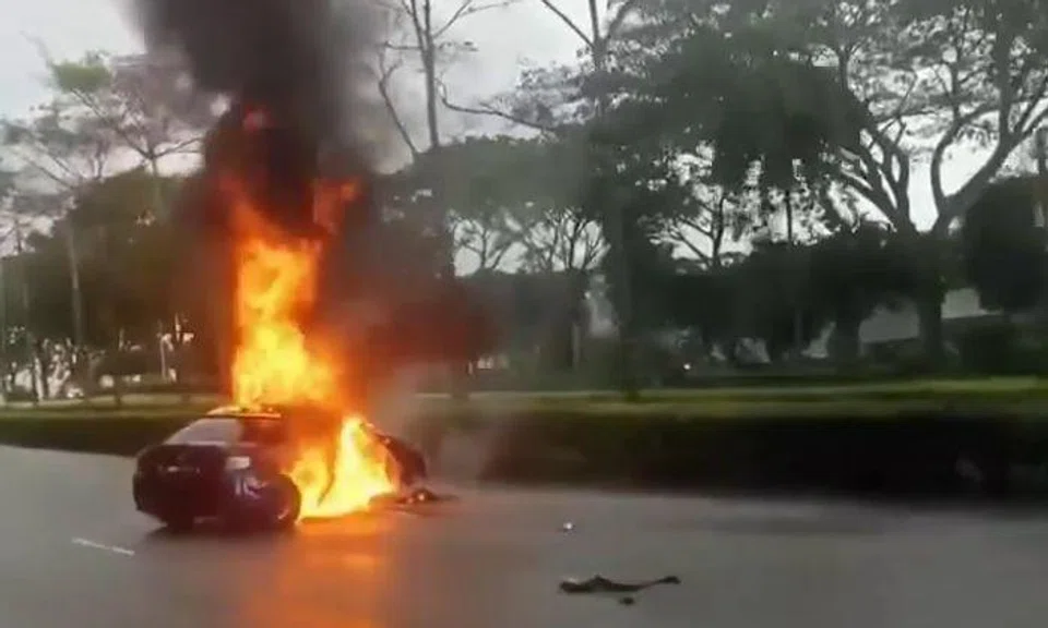 Driver taken to hospital after BMW skids and catches fire on PIE