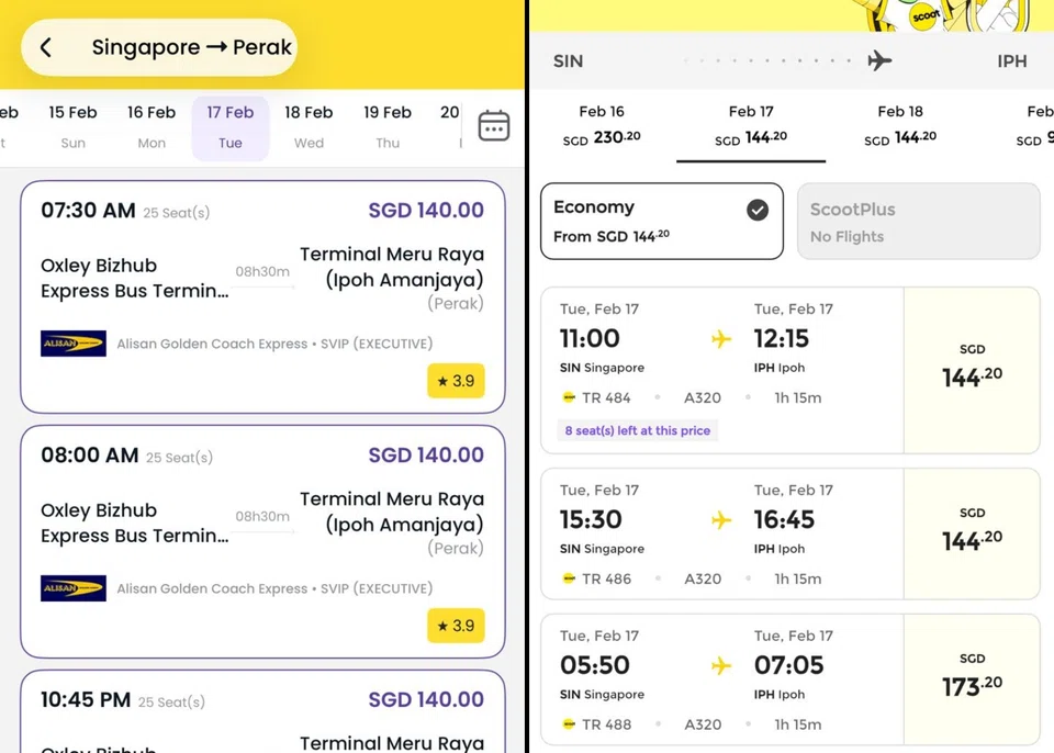 Bus fares and airfares for Feb 16.