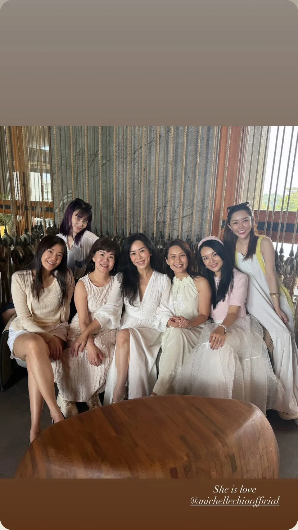 Michelle Chia (middle) with her The Queen co-stars (back row, left) Jayley Woo, (front row, far left) Jesseca Liu, (second from right) Apple Hong and (third from right) Priscelia Chan on her wedding day.