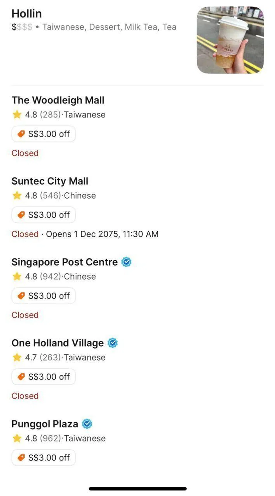 Hollin’s outlets at SingPost Centre, The Woodleigh Mall and One Holland Village are listed as closed on delivery platform Grab. PHOTO: SCREENGRAB FROM GRAB