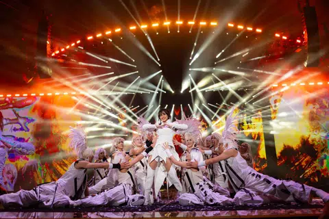 Singaporean singer Stefanie Sun (centre) performing the song Magical (2003) during her concert at the Singapore Indoor Stadium on April 5.