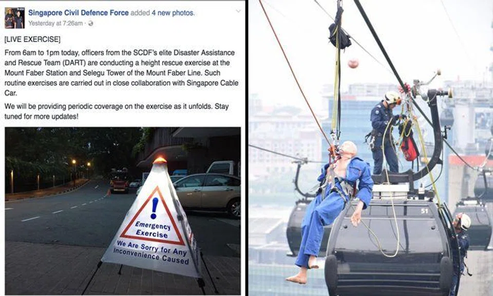 SCDF officers rescue 'stranded passengers' from cable car during routine exercise