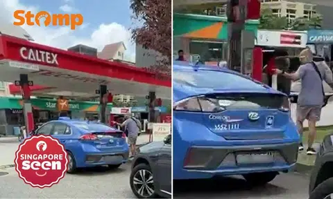 Pedestrian scolds cabby who honked at him, holds up traffic at East Coast Road petrol station
