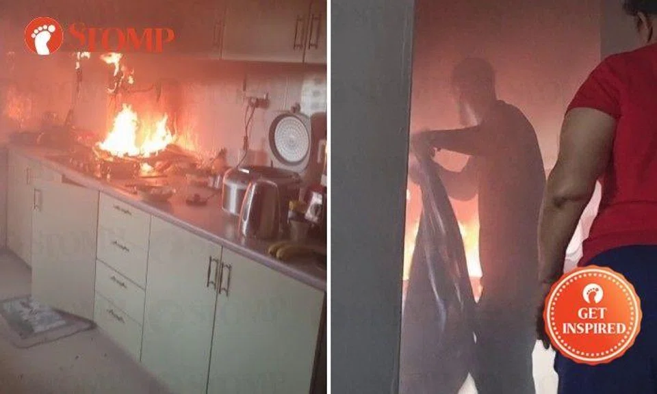 A video shows Mr Aliff helping a woman extinguish the flames on a kitchen stove with a damp blanket.