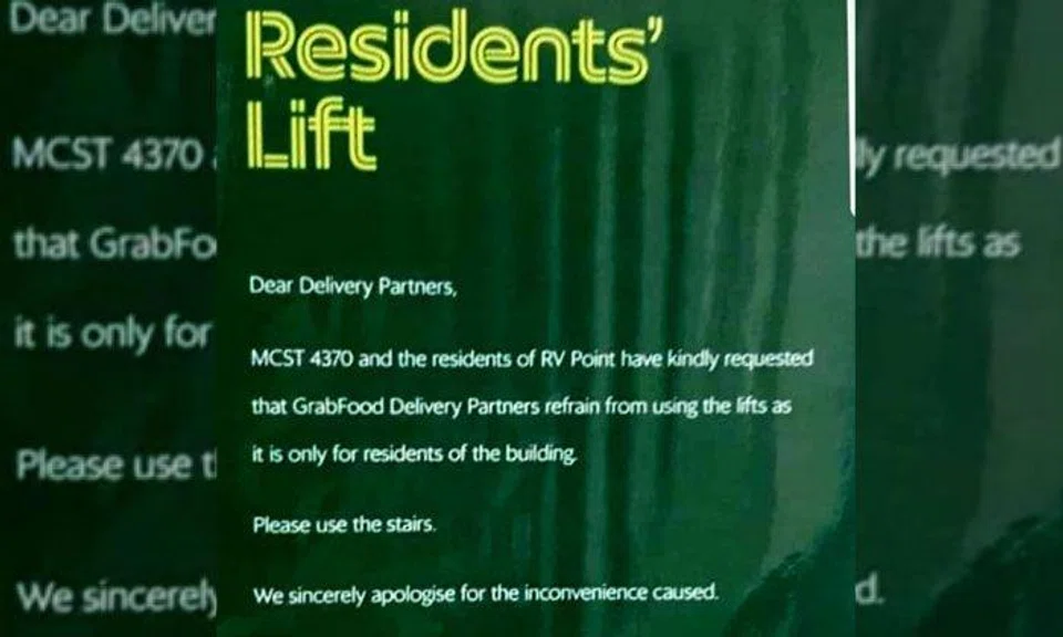 Grab clarifies notice at RV Point Condominium discouraging GrabFood riders from taking lifts