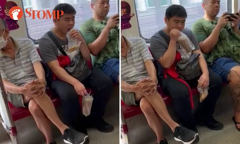 Stomper Rahman shared a video of the man sucking his drink from a straw in a disposable cup and taking a bite of something in a plastic bag while seated in a train carriage.