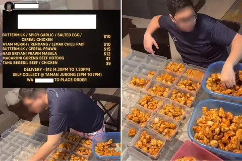 Home-based business seller seen handling fried chicken with bare hands on his TikTok livestream.