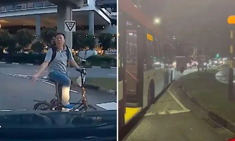 In a dashcam footage of the incident uploaded onto Facebook, the cyclist can be seen gesturing at Mr Neo, and then towards the road.