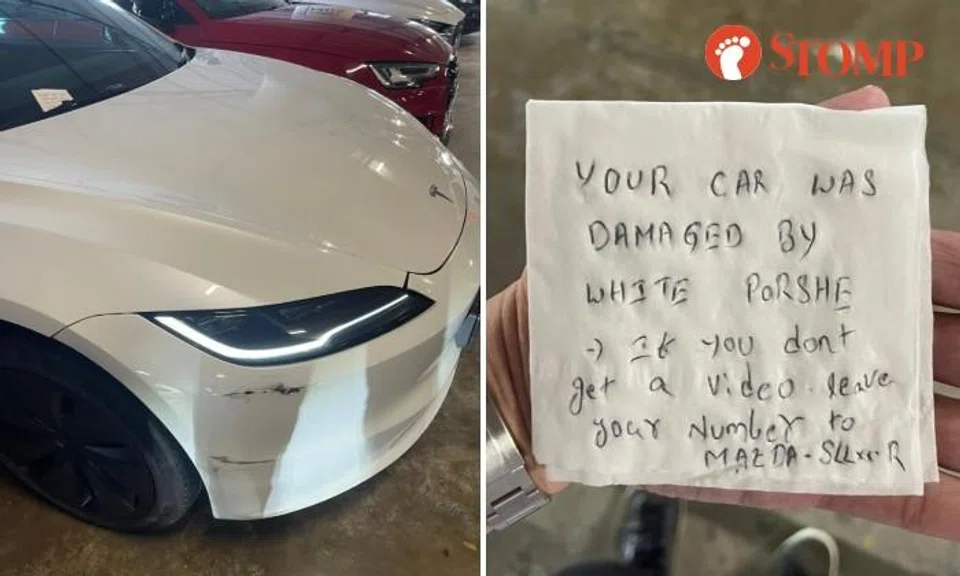 Owner of Tesla parked at VivoCity gets note after hit-and-run: 'Your car was damaged by white Porsche'