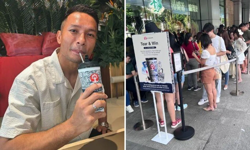 Hassan Sunny posted a photo of himself sipping from the distinctive Chagee cup without queueing. PhotoS: Instagram/Hassan Sunny, Stomp