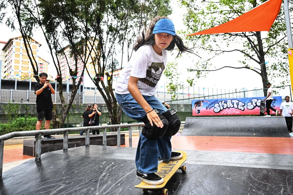 Eva Myra Zulkarnaen,13, skateboarding at the YouthCreates Bishan Skate Spot, located in Bishan Sport Centre, on March 16, 2025.
