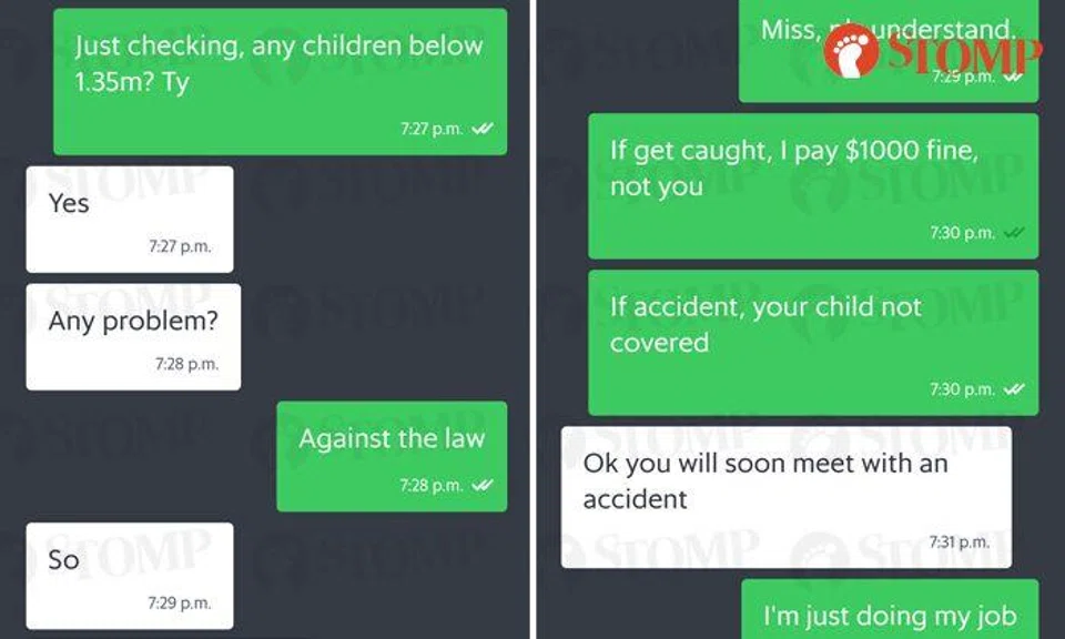 Woman tells Grab driver "you will soon meet with accident" as he can't pick up kids below 1.35m