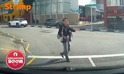 ‘Self-entitled’ pedestrian gestures as if she has right of way at River Valley Road