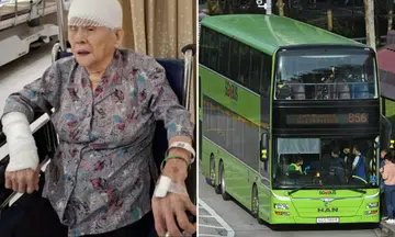 elderly old woman bandaged on wheelchair, tower transit bus