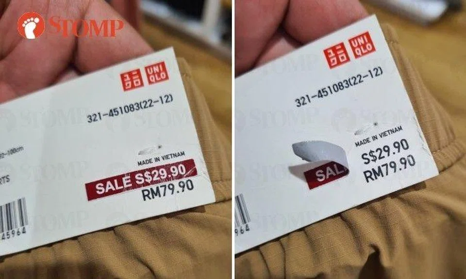 A shopper at Unqlo peeled back the "sale" sticker on the price tag of a pair of shorts and was disappointed to discover that the orginal and "sale" prices were identical – $29.90.