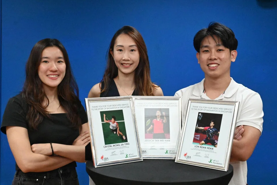 (From left) Former badminton athletes Crystal Wong, Jessica Tan and Loh Kean Hean. 