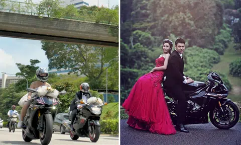Singaporean couple rides with motorcycle convoy -- right up to wedding reception
