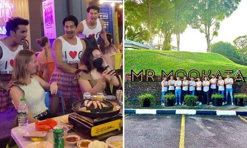 The Thai hunks at Mr Mookata's Bugis restaurant in 2023 (left) and the SG hunks at the newly opened Tanglin Road eatery. PHOTOS: TIKTOK, MR MOOKATA