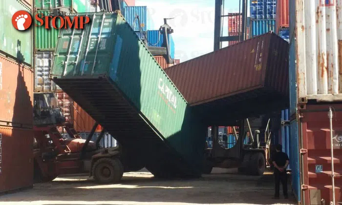 Container comes crashing down at yard in Tuas | STOMP