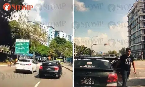 Driver weaves in and out of traffic, exits car to confront Stomper who honked at him