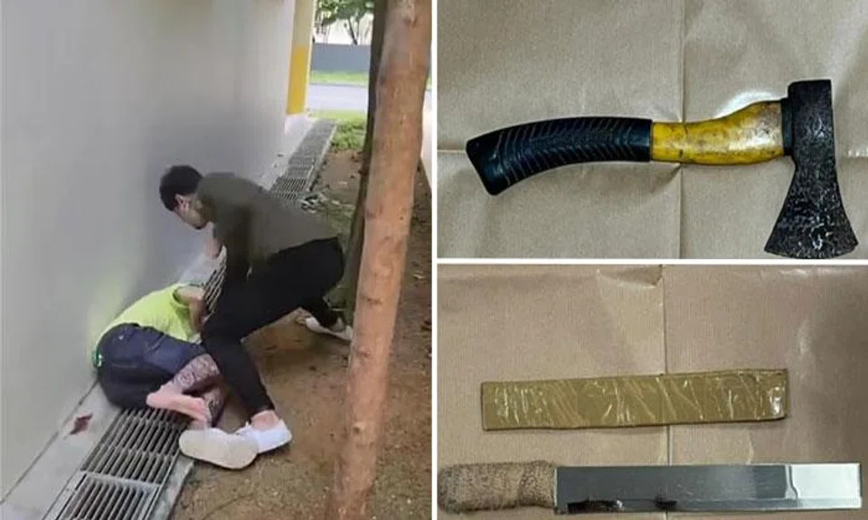 A screenshot (left) of the video that was uploaded on social media. Two machetes, an axe and a baseball bat were among the things seized in a raid.

