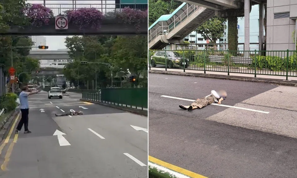 An elderly woman was seen lying on a road outside Jurong Point on the afternoon of March 25.
