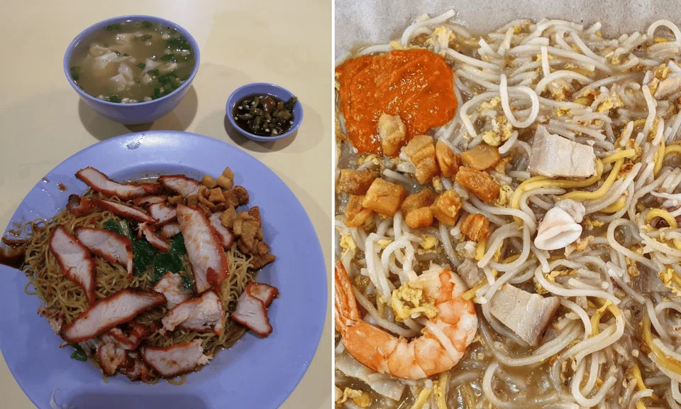 On the left, a plate of wonton noodles and a bowl of dumpling soup. On the right, a close-up view of hokkien mee.
