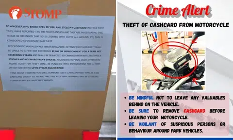Motorcyclist posts warning to thief who stole his cashcard in carpark, blames OBU as it can't be locked