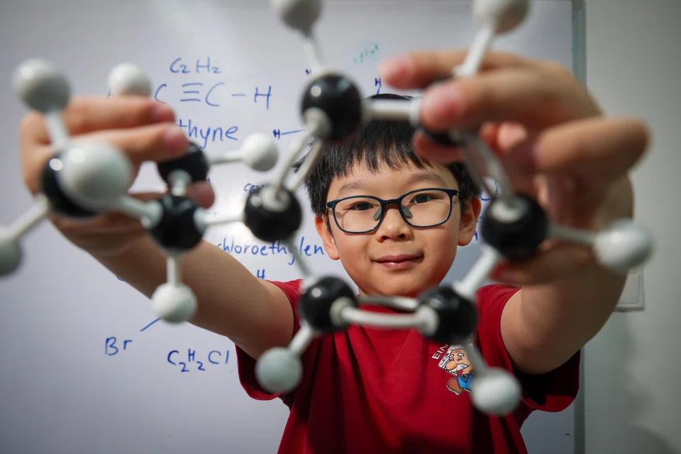 Chemistry prodigy Theodore Kwan, seven, holding an isopropyl benzene model he built.