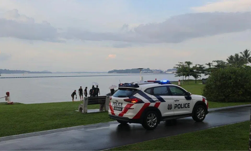 A police vehicle seen at the beach near Carpark D at Pasir Ris Park
