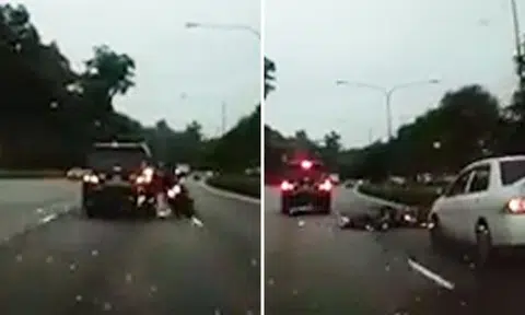 Biker knocked off motorcycle by idiot driver, then gets run over and dragged for 200m by another car