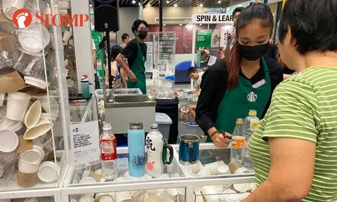 NEA offers free Starbucks coffee if you bring your own tumbler, auntie brings at least 7 containers