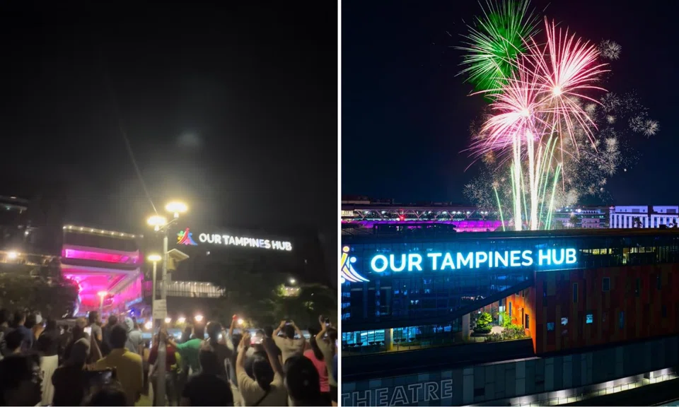 A crowd of people gathered outside Our Tampines Hub to catch a glimpse of the fireworks.