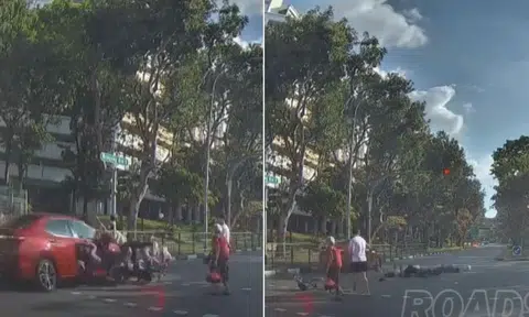 Footage shows a car beating a red light in Hougang before slamming into a PMD carrying a mother and two of her children. 
