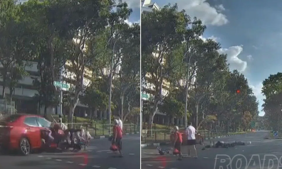 Footage shows a car beating a red light in Hougang before slamming into a PMD carrying a mother and two of her children. 
