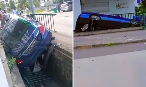Mercedes driver, 55, arrested for drink driving after crashing into drain at Upper Paya Lebar Road